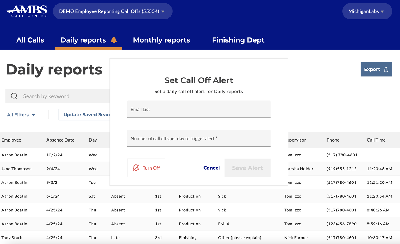 Ambs daily report call alert example screen