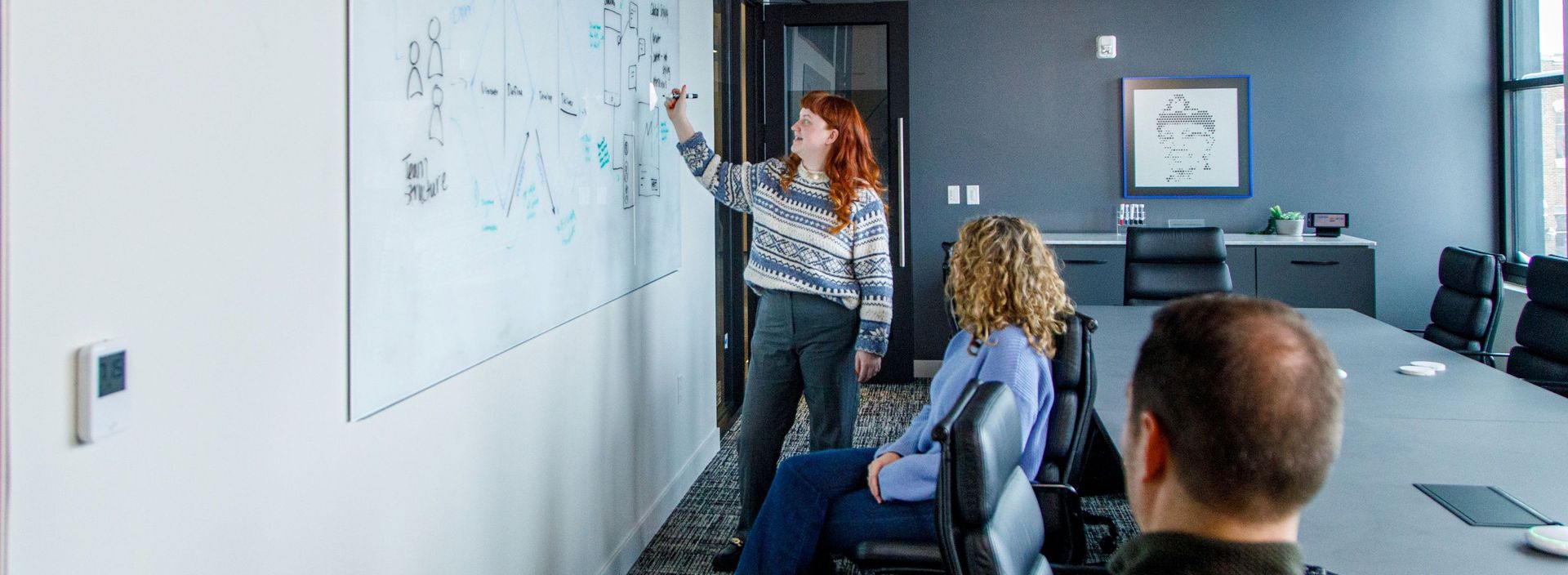 Woman drawing on whiteboard while woman and man look at the board