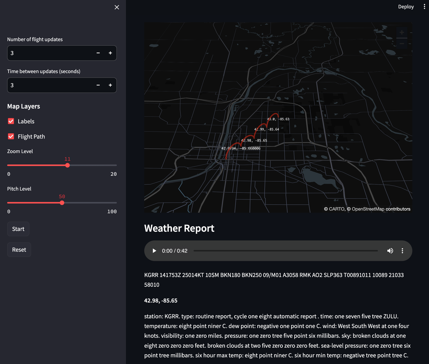 Orb microservice screen showing a weather report