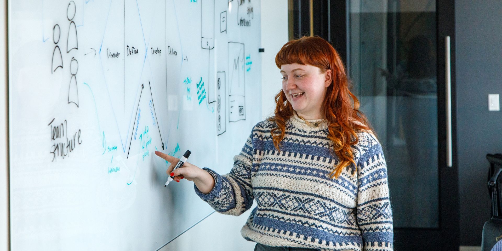 UX designer points at whiteboard